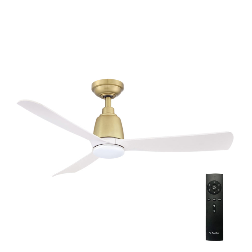 44" Kute DC Ceiling Fan in Satin Brass with White blades & 14W LED Light