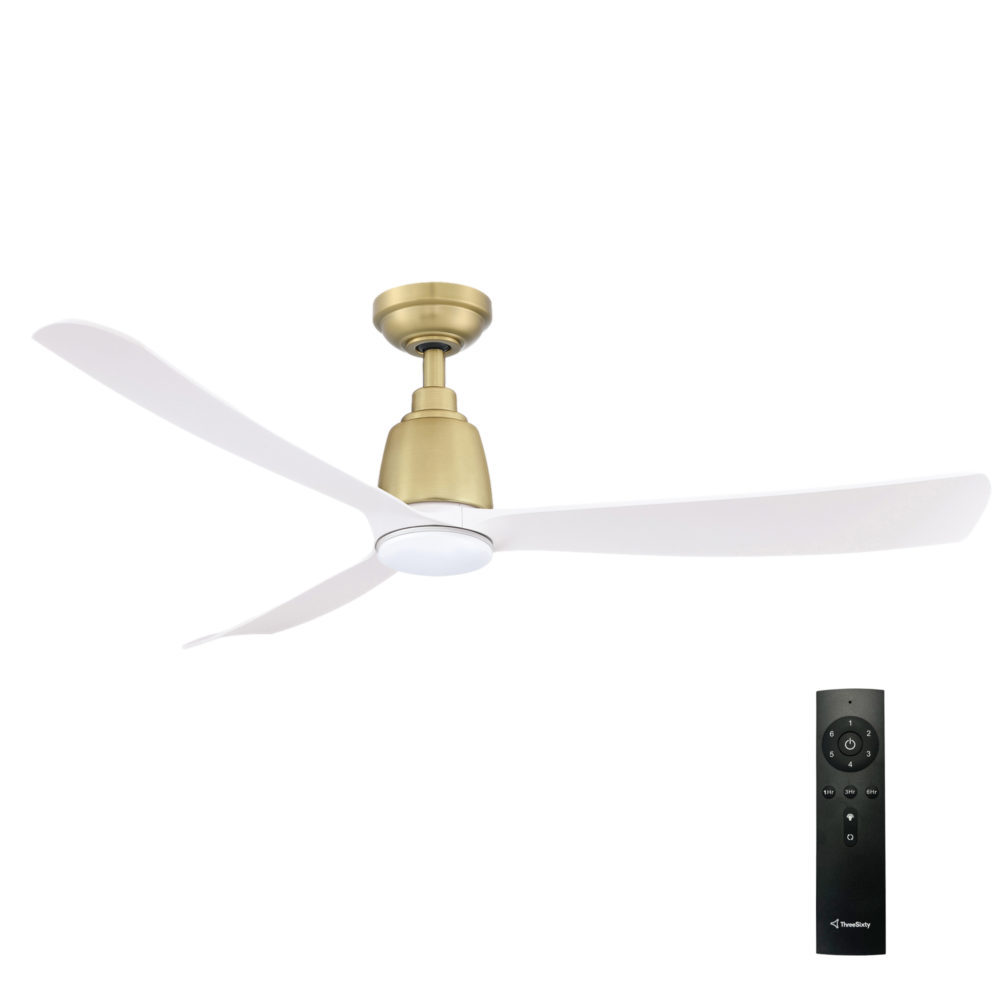 52" Kute DC Ceiling Fan in Satin Brass with White blades and 14W dimmable LED Light