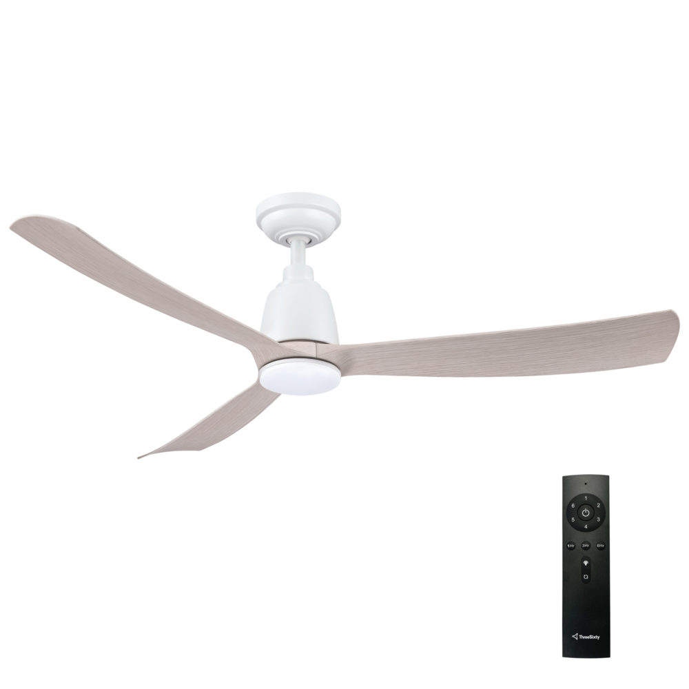 52" Kute DC Ceiling Fan in White with Washed Oak blades & 14W LED Light Kit