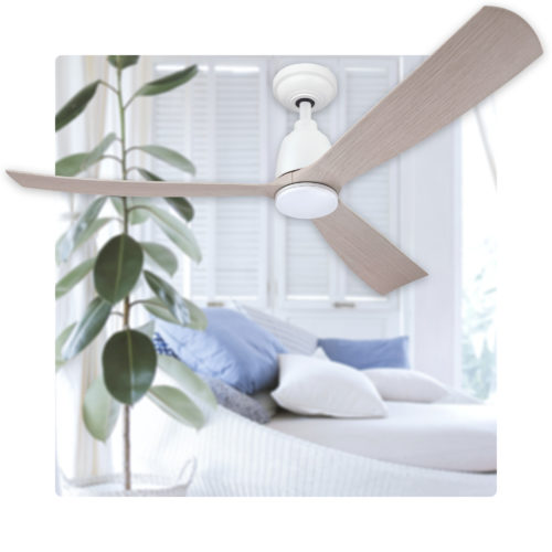 Kute DC Ceiling Fan in White with Washed Oak blades and LED Light