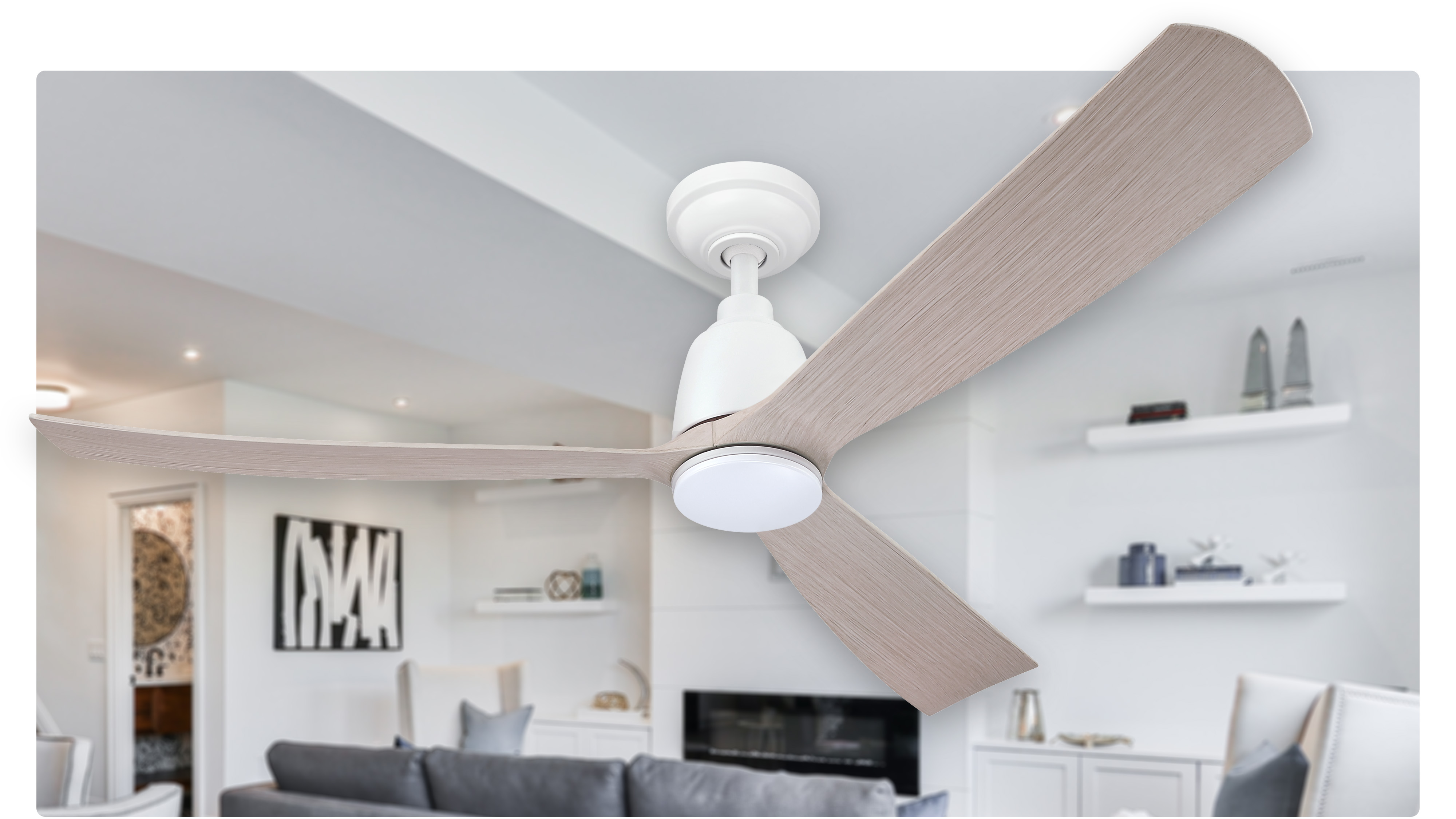 52" Kute DC Ceiling Fan in White with Washed Oak blades and 14W LED Light