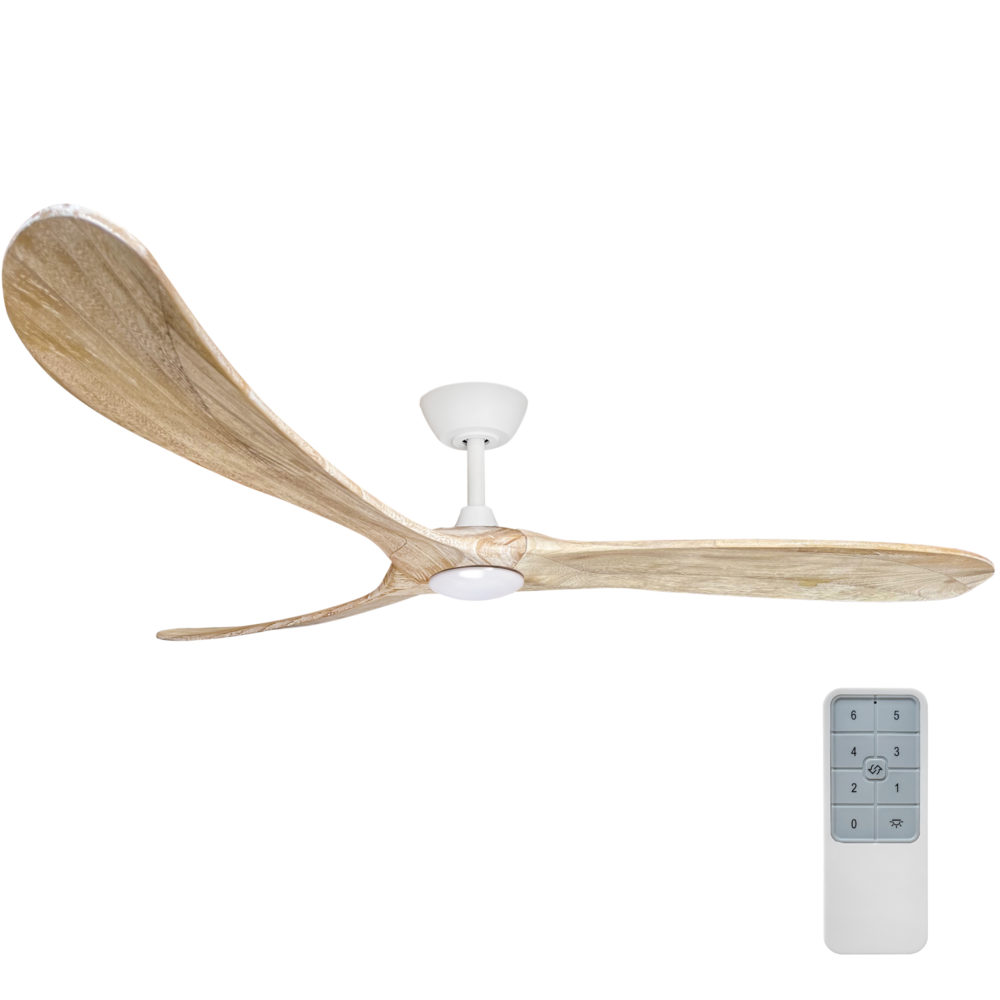 72" Timbr DC Ceiling Fan in Matte White with Weathered Oak blades and 17W LED Light