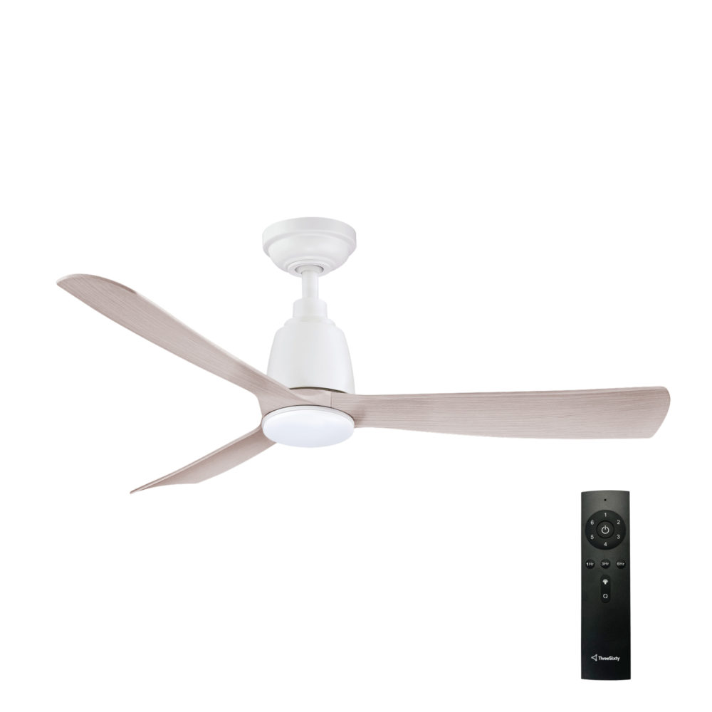 44" Kute DC Ceiling Fan in White with Washed Oak blades & 14W LED Light