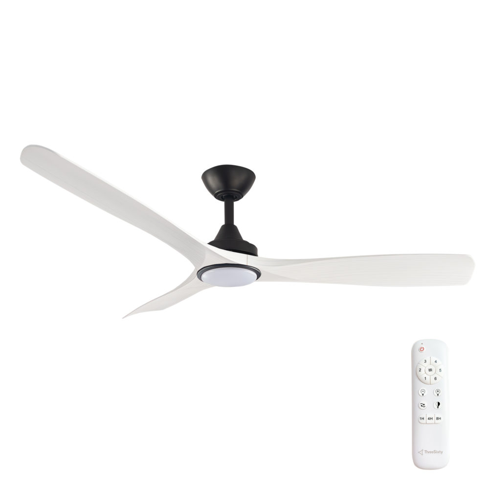 52" Spitfire DC Ceiling Fan in Black with White Wash blades and 18W CCT LED Light