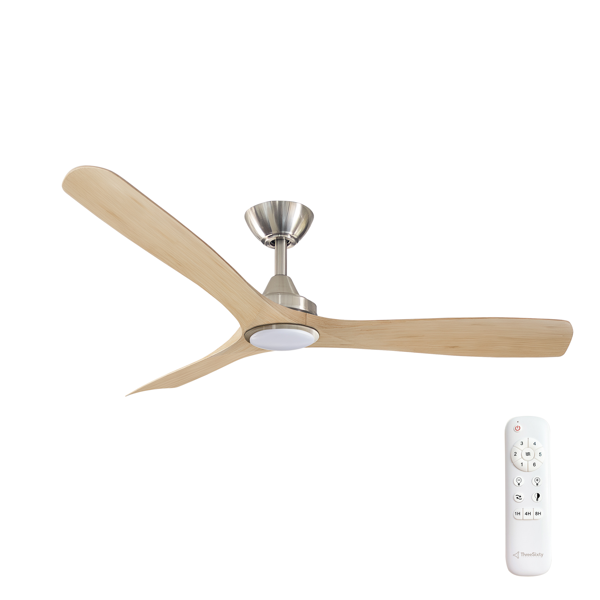52" Spitfire DC Ceiling Fan in Brushed Nickel with Natural blades and 18W CCT LED Light