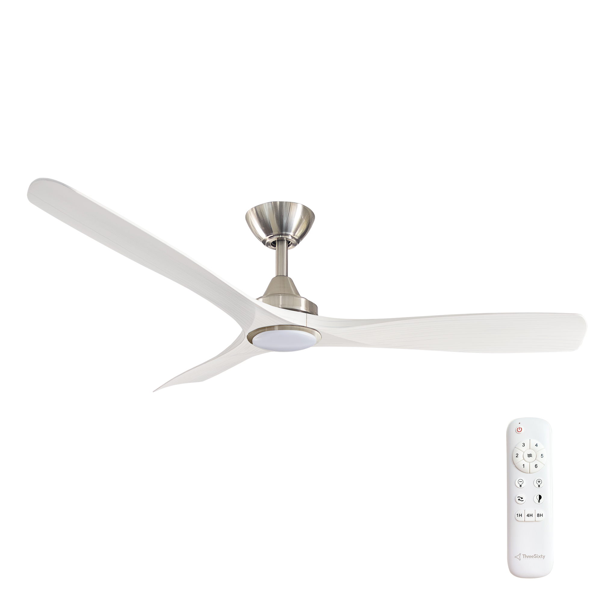 52" Spitfire DC Ceiling Fan in Brushed Nickel with White Wash blades and 18W CCT LED Light