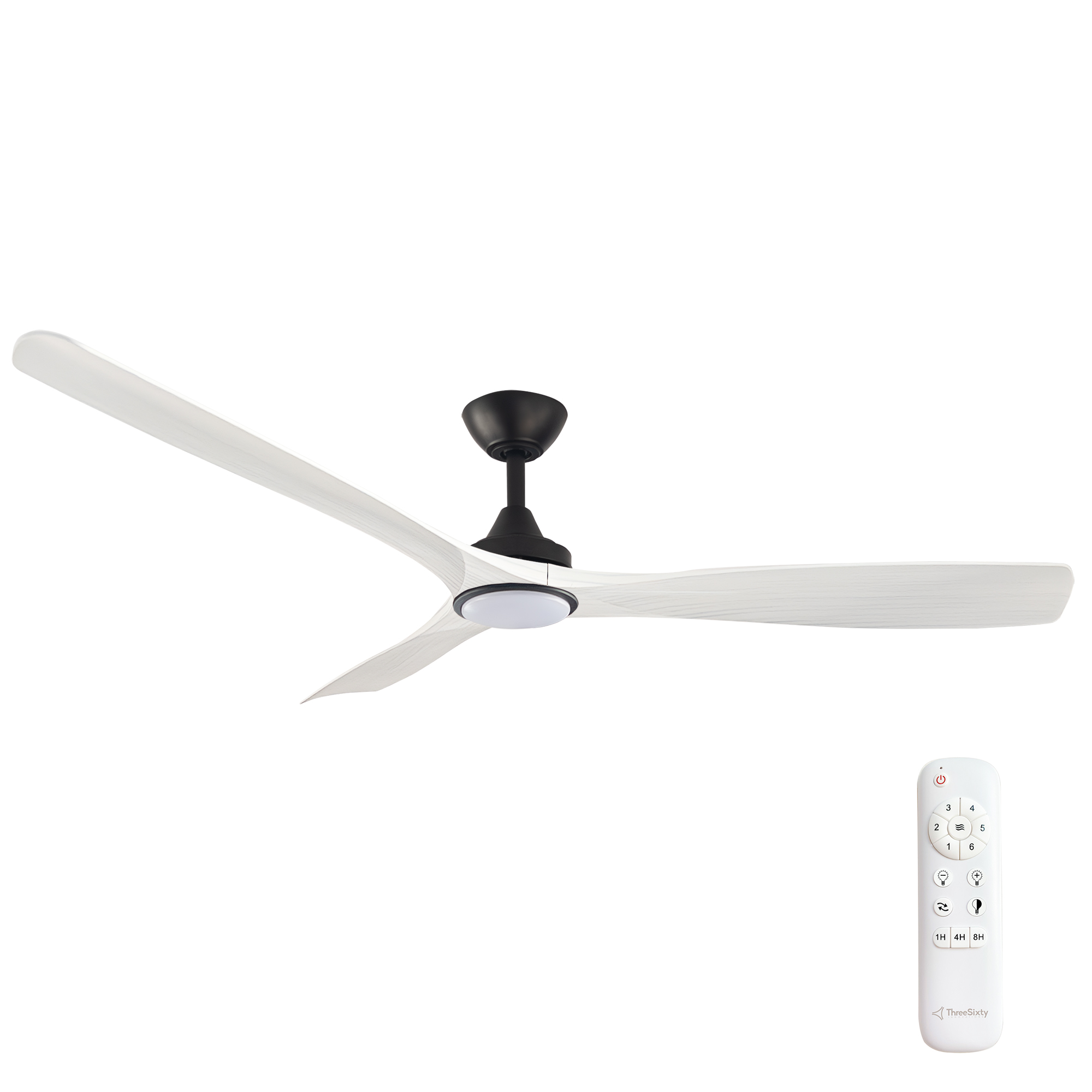 60" Spitfire DC Ceiling Fan in Black with White Wash blades and 18W CCT LED Light
