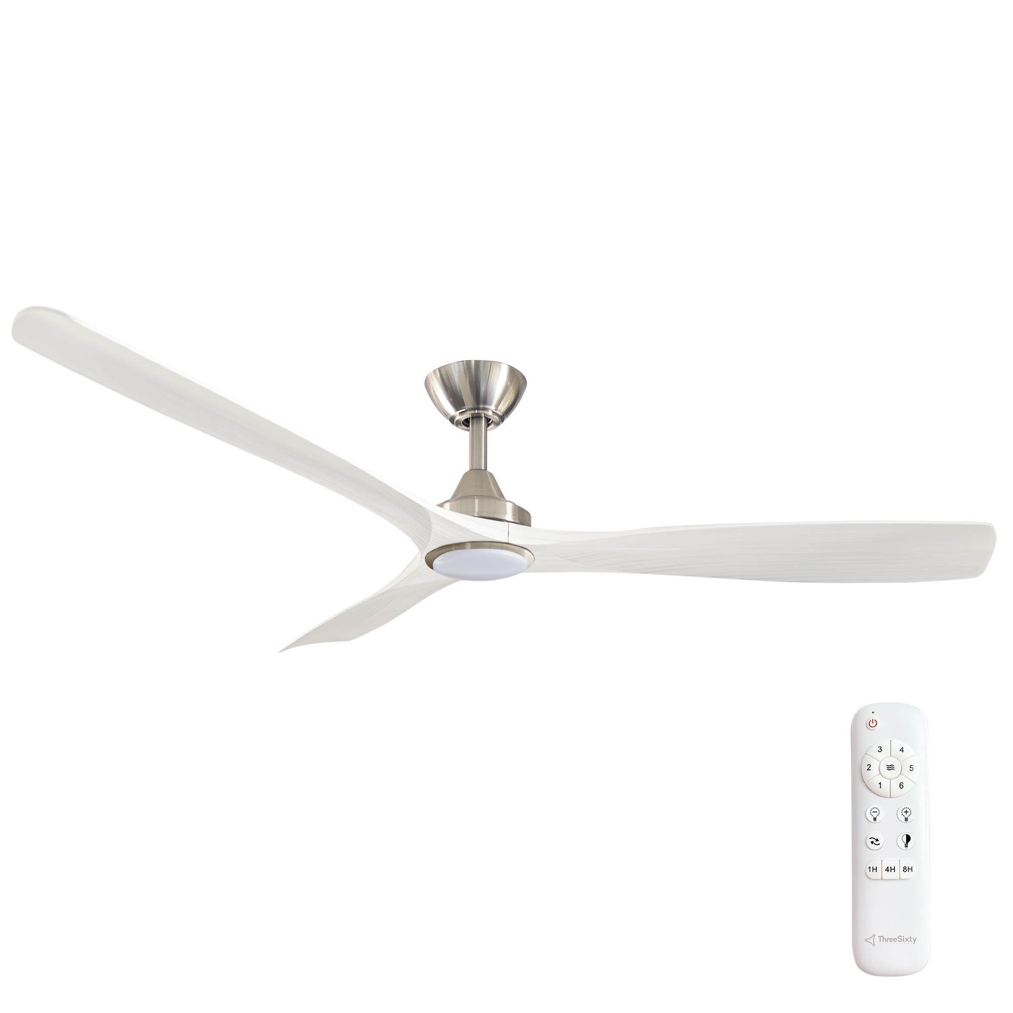 60" Spitfire DC Ceiling Fan in Brushed Nickel with White Wash blades and 18W CCT LED Light