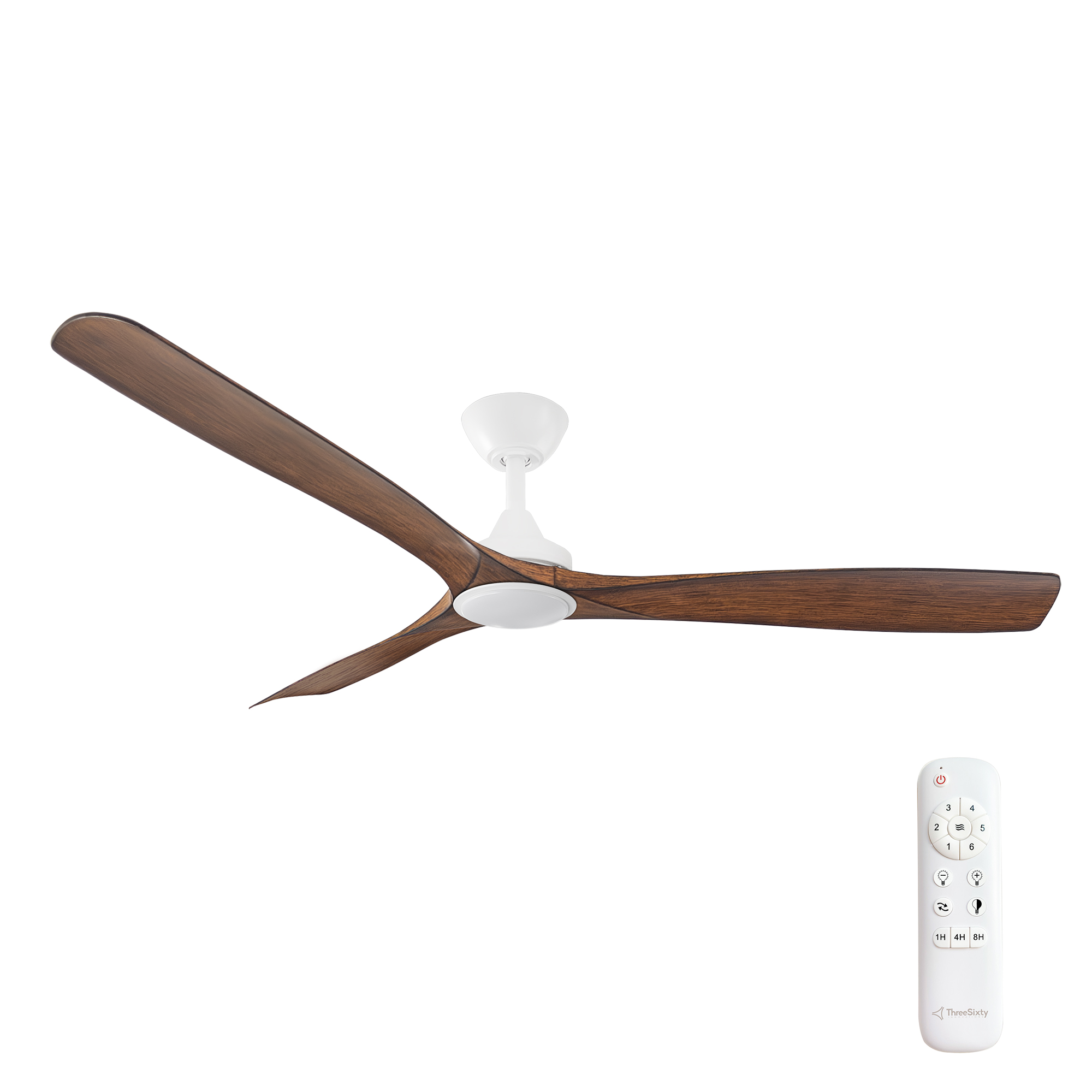 60" Spitfire DC Ceiling Fan in Matte White with Koa blades and 18W CCT LED Light